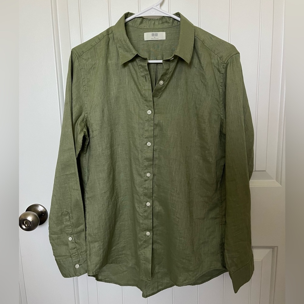Uniqlo Green Premium Linen Shirt Women’s Size Medium